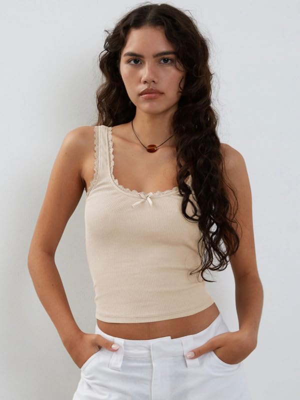 Haibang Damski podkoszulek elegancki letni czołg bez rękawów bawełna prążkowany podkoszulek z szerokim ramieniem seksowny slim fit koronkowa koszula Y2K Cami rozciągliwa koszulka