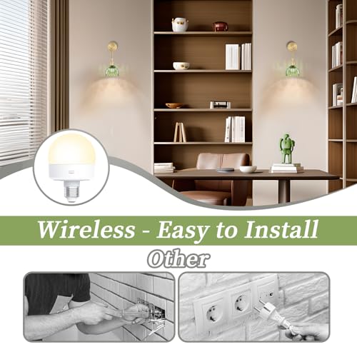 Image of Battery Operated Wall Sconce CCT Dimmable Wireless Sconcesm Vintage Light Fixture with Green Tulip Glass Lampshade Wall Decor Set for Living Room Bedroom Bedside Bathroom 1PC Green