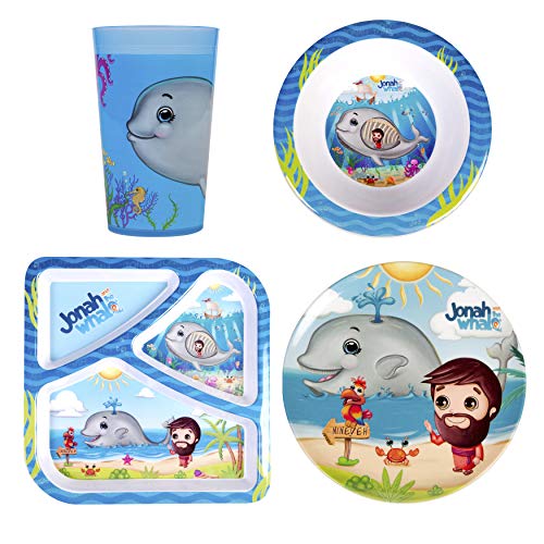 He Loves Me Kids Feeding gifts Set Jonah and the Whale 4 Piece Sets Toddler Dishes Multicolor, BPA Free, Kids Dinnerware Sets Includes Divided Plate, Round Bowl, Round Plate and Children’s Tumbler Cup