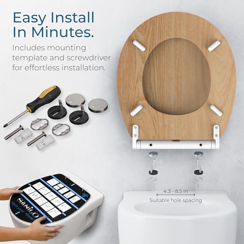 Image of Sanilo Wooden Toilet Seat with Quick Release & Soft Close [ROUND] - Decorative & Slow Close Molded Wood Seat - With One Click for Easy Installation & Cleaning - With Adjustable Fit (Wood)