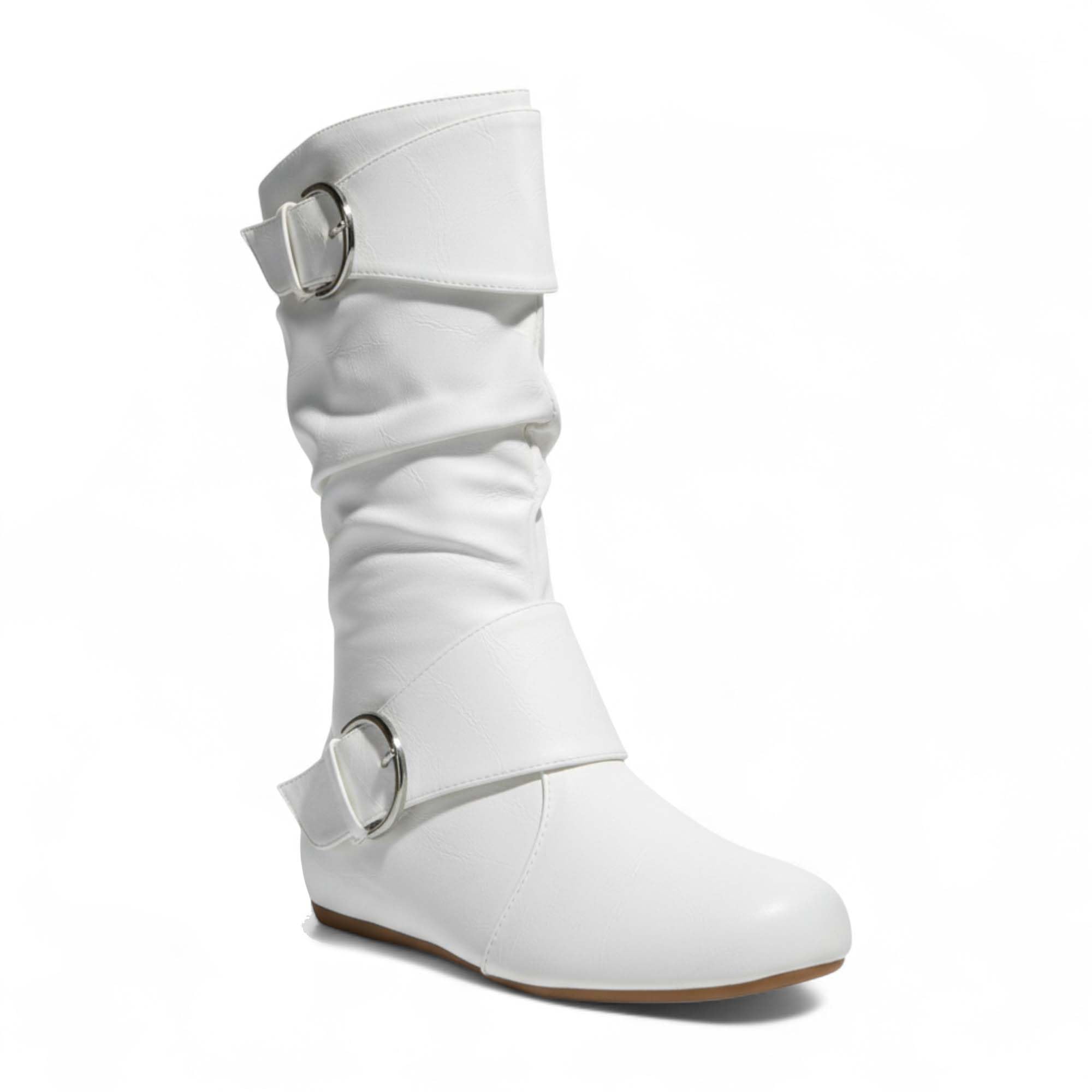 ABSOLEX Women Round Toe Buckle w Side Zip Slouch Flat to Low Heel Mid-Calf Boots