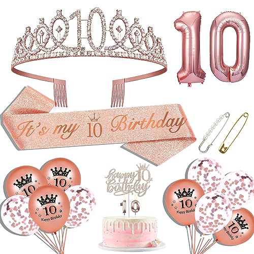 Hysilla 10th Birthday Decorations for Girls, 10th Birthday Sash, 10th Birthday Crown, 10th Birthday Cake Topper, Balloons, Pin and Candle Set, Rose Gold