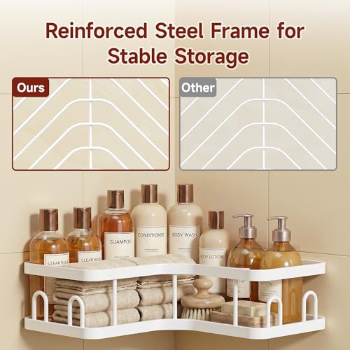Image of Veken Corner Shower Caddy 3-Pack, Advanced Rustproof Design&Stable Storage | No Drilling Adhesive Shelves, Rack with Soap Holder & Hooks, Thickened Metal Frame, Bathroom Organizers and Storage, White