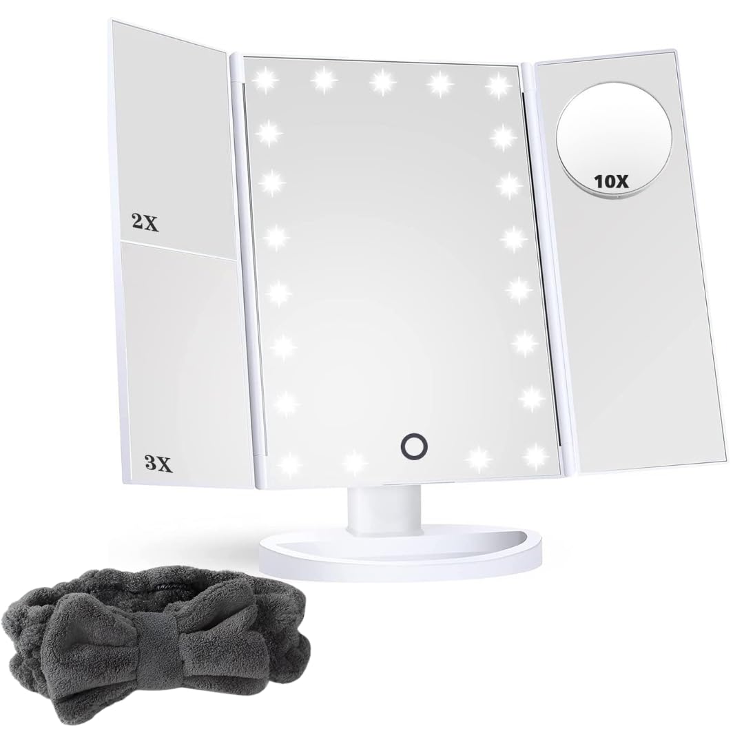 EMINENZA Espejo Maquillaje con Luz Tocador Plegable con Accesorio Espejo de Aumento con Luz LED Espejos con Luz para Maquillaje Incluye Diadema Rutina Facial y Cuidado Diario