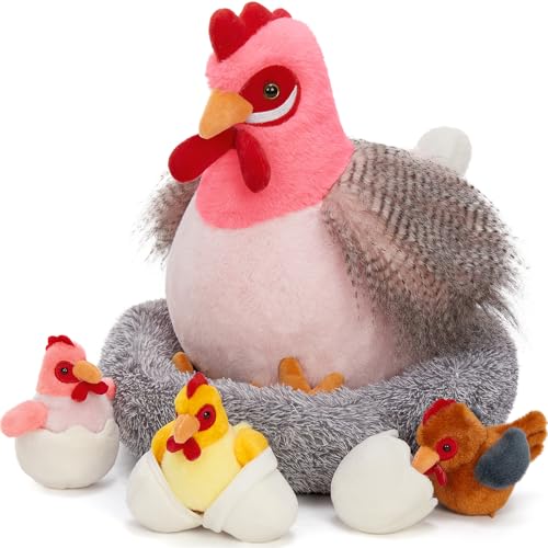 Image of MaoGoLan 8Pcs Chicken Stuffed Animals, Stuffed Laying Hen Chicken Plush Toys with 3 Babies Chickens and 3 Eggs,1 Nest House Plush Set, Cute and Soft Farm Stuffed Animals Gift for Kids,Girls,Boys,Pink