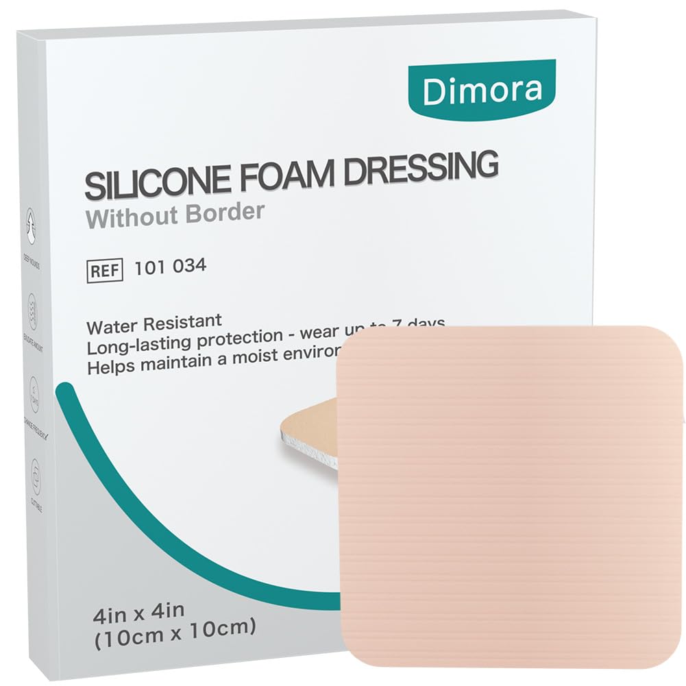Dimora Silicone Foam Dressing Without Border 4"x 4" Highly Absorbent Adhesive Wound Bandage Cuttable Pads for Wound Care 5 Pack