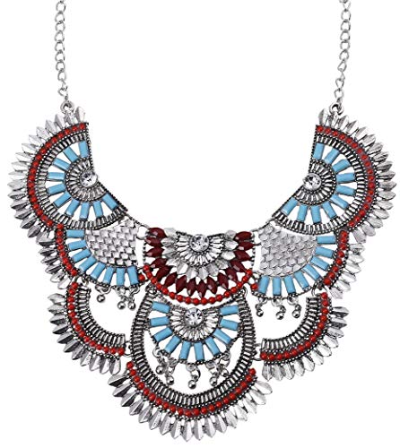 Paxuan Womens Antique Silver/Gold Alloy Vintage Colorful Boho Bohemia Turquoise Necklace Ethnic Tribal Beaded Necklace Chunky Choker Statement Necklace (Antique Silver)