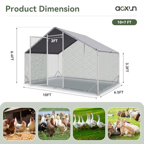 Image of Aoxun Metal Chicken Coop, Outdoor Chicken Runs for Yard with Cover, Spire Roof Hen House Enclosure with Security Lock, Walk-in Cage Peak Hen House for Yard Farm (10x6.5x6.4 FT)