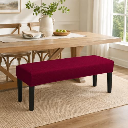 Image of Street27 High Stretch Jacquard Dining Bench Cover Elastic Chair Covers - Anti-Dust Removable Bench Slipcover Washable Bench Seat Protector Cushion Cover for Living Room, Bedroom, (Wine Red)