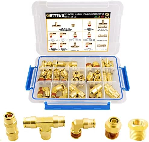 38PCS Brass DOT Air Line Fittings Assortment Kit, 1/4" 3/8" 1/2" Dot Push to Connect Air Fittings Air Brake Fittings Repair Kit for Trucks Air System or Industrial