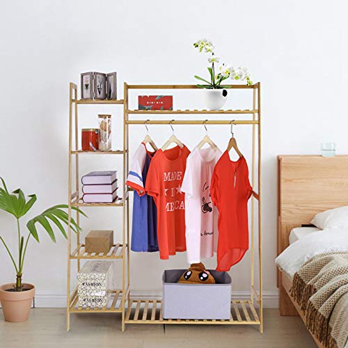 Duseedik Bamboo Wood Garment Rack, 6 Tier Clothing Hanging Storage Shelves Rack with Side Hooks for Cloth Shoe Coat Storage Organizer Shelf (Bamboo Garment Rack)