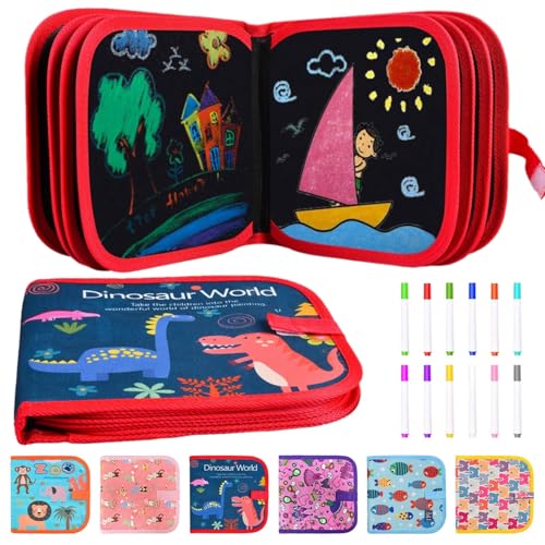 Funkprofi Abwischbares Malbuch für Kinder, Tragbares Kinder Malbuch 14 Seiten wiederverwendbares Zeichenbrett mit 12 Farbstifte - Dinosaurier
