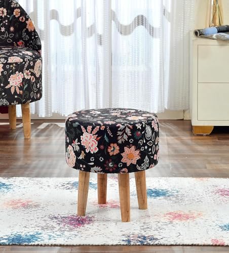 Homeaccex Mango Wood Printed Ottoman Stool for Living Room Pouffes for Sitting Ottoman Pouffes Puffy Stool Dressing Table Footstool Ottomans Chair (15Inch Height, Black)