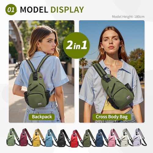 Image of Convertible Sling Bags for Women Men, Lightweight Crossbody Backpack Daypack Fit for 7.9 inch Tablet for Casual Travel Sport Hiking (Dark Green)
