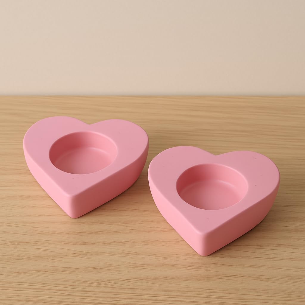 Pink Heart Tealight Candle Holders – Pack of 2 – Romantic Cement Candle Stand for Home Décor, Weddings, Valentine’s Day & Gifting