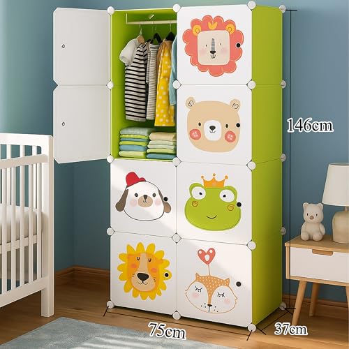 Image of AYSIS Kids Plastic Collapsible Wardrobe Organizer for Storage | Cute Cartoon Design | Heavy Duty Cloth Organizer for Storage | Easy to Assemble | Perfect for Kids Room & Home | Green