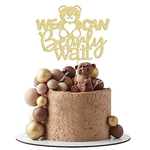 Gyufise 1Pc We Can Bearly Wait Baby Shower Cake Topper Baby Bear Theme Cake Decoration for Baby Shower Gender Reveal Party Decoration Supplies Gold Glitter