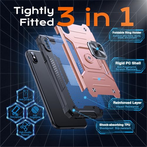 Image of Anqrp Heavy Duty Case for iPhone X /XS Case with Enhanced Ring Holder Grip Stand, Military Grade Shockproof Rugged Drop Protective Silicone Hard Slim iPhone X /XS Phone Case Cover,Pink Gold