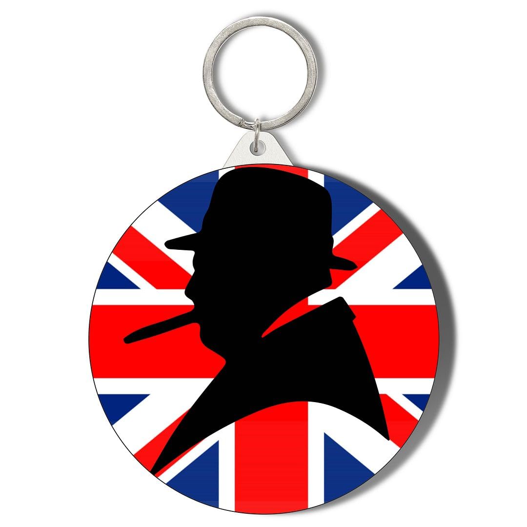 Gift Insanity White Winston Churchill Silhouette Smoking Cigar On Union Jack 45Mm Short Chain Mirror Keyring
