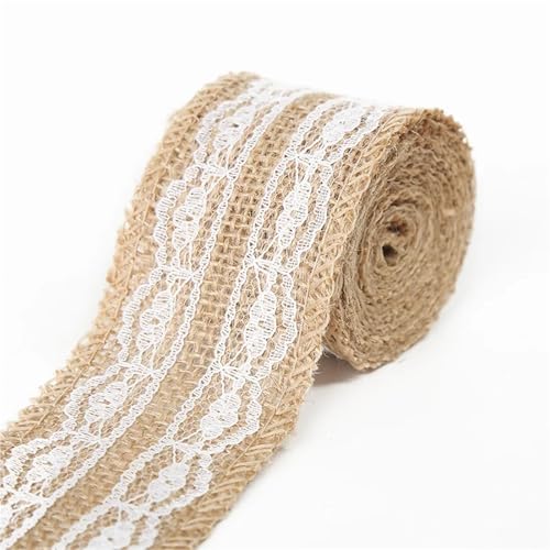Toile de jute naturelle au mètre avec dentelle blanche pour loisirs créatifs et DIY lin