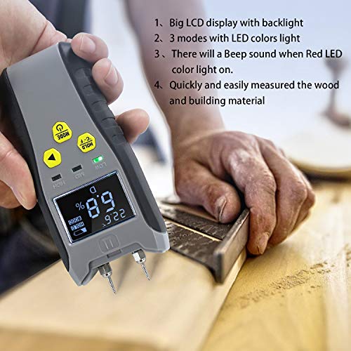 Digital Moisture Meter, Water Leak Detector, Moisture Tester, Pin Type, Backlit LCD Display With Audible and Visual High-Medium-Low Moisture Content Alerts - Thumbnail 5