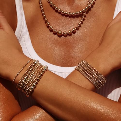 CONRAN KREMIX Gold Beaded Bracelets Set For Women 14K Gold Bead Stackable Stretch Summer Bracele Jewelry For Women 5PCS Set2