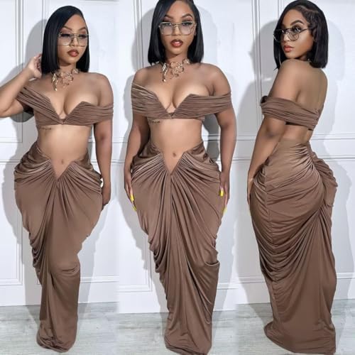 Womens Sexy Tube Tops and Ruched Pleated Skirts 2 Piece Sets Party Club Suits3
