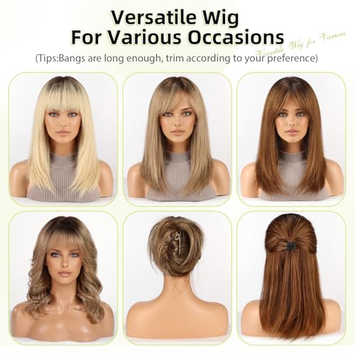 Image of RSY 14 Inch Ombre Brown Mixed Blonde Straight and Layered Real Human Hair Wigs for Women with Bangs
