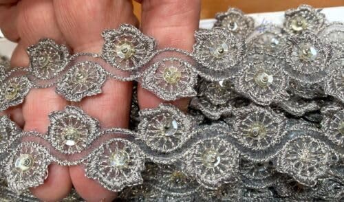 Gray Embroidered Trim Hand Sewn 7/8" Glass Beads Sequins Light Gray 1yd Fabric