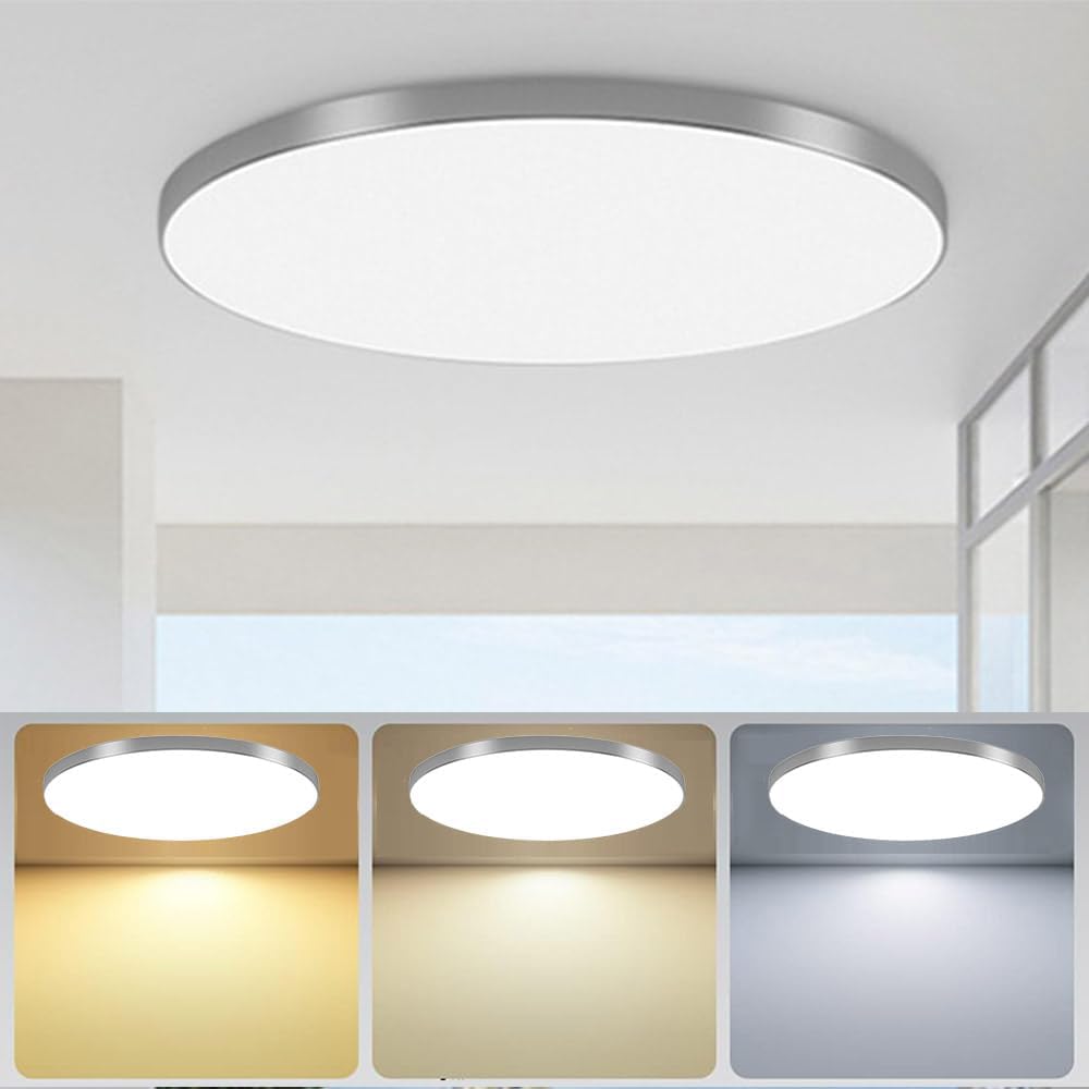 XINYASEE LED Round Ceiling Light,Three Colour temperatures Simple Acrylic LED Ceiling Round Ceiling Light, for Living Room Balcony Corridor Kitchen Bedroom (Silver, 30W)