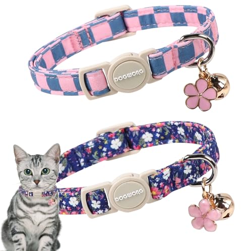 DOGWONG 安全バックル ブルー格子柄 かわいい猫 首輪 女の子 男の子 猫用 2個パック バラバラに 7-12インチ 調節可能の商品画像（Amazon）