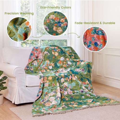 Image of MSGKV Boho Throw Blanket 50 inchx60 inch Cotton Floral Muslin Blanket for Sofa