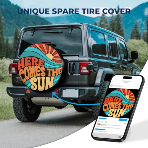 Image of GENANY Hippie Here Comes The Sun Size 15 Premium PVC Leather Spare Tire Cover, Universal Fit for RV Camper Trailer, Dustproof, Waterproof Tire Cover with No Camera Hole, Spring Car Decor