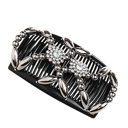 Accessories Ladies Women Flower Crystal Handmade Stretch Double Comb Elastic Hairpin Magic Hair Comb Beaded Hair Clip(silver)