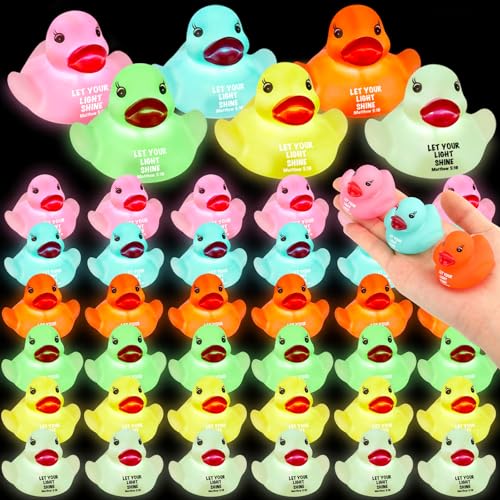 Skylety 36 Pcs Christian Rubber Ducks Let Your Light Shine Glow in the Dark Ducks Bulk Religious Mattehew 5:16 Bible Verse Egg Fillers for Easter Church Sunday School Favors