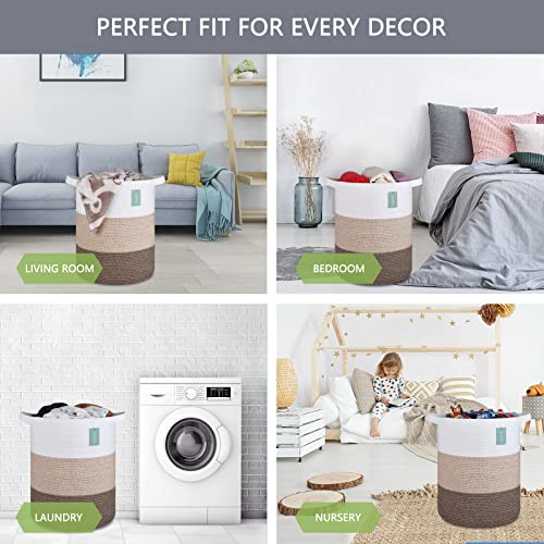 Image of Cotton Rope Blanket Basket, 72L Laundry Hamper, White & Ombre Brown | 16 inchx 22 inch, Large Collapsible Woven Nursery Hamper with Sturdy Handles for Clothes Toys Towels, Bedroom Living Room Bathroom