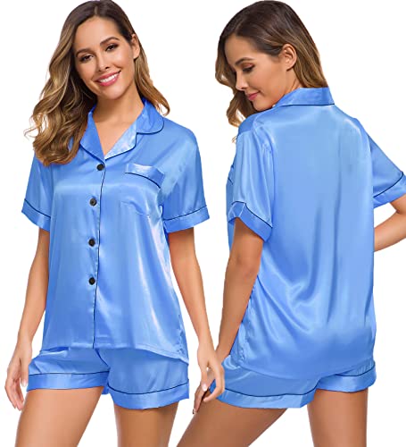 Image of SWOMOG Womens Silk Satin Pajamas Set Short Sleeve Sleepwear Button Down Top and Shorts Loungewear 2 Piece Pjs Set XS-3XL