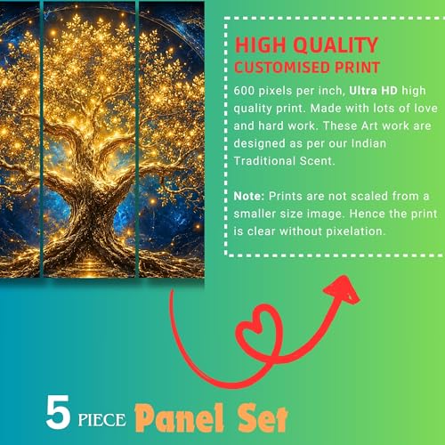 Image of Nozvera Tree of Life Golden 5 Panel Wall Painting | Large 48x24 Inch UV Printed Canvas Art | Glowing Mystical Tree Wall Decor for Living Room, Office, Bedroom | Waterproof Antifade Multipiece Home Decor Gift