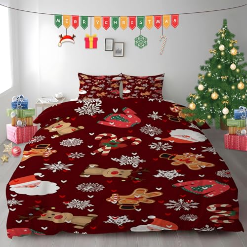 布団カバー キング アニメサンタクロース|マイクロファイバー 掛け布団カバー 230x210 +枕カバー 2枚 3点セット|吸汗速乾・防静電気・洗濯耐久|肌ざわり最高 トナカイと雪の結晶 なプリントデザイン PH654