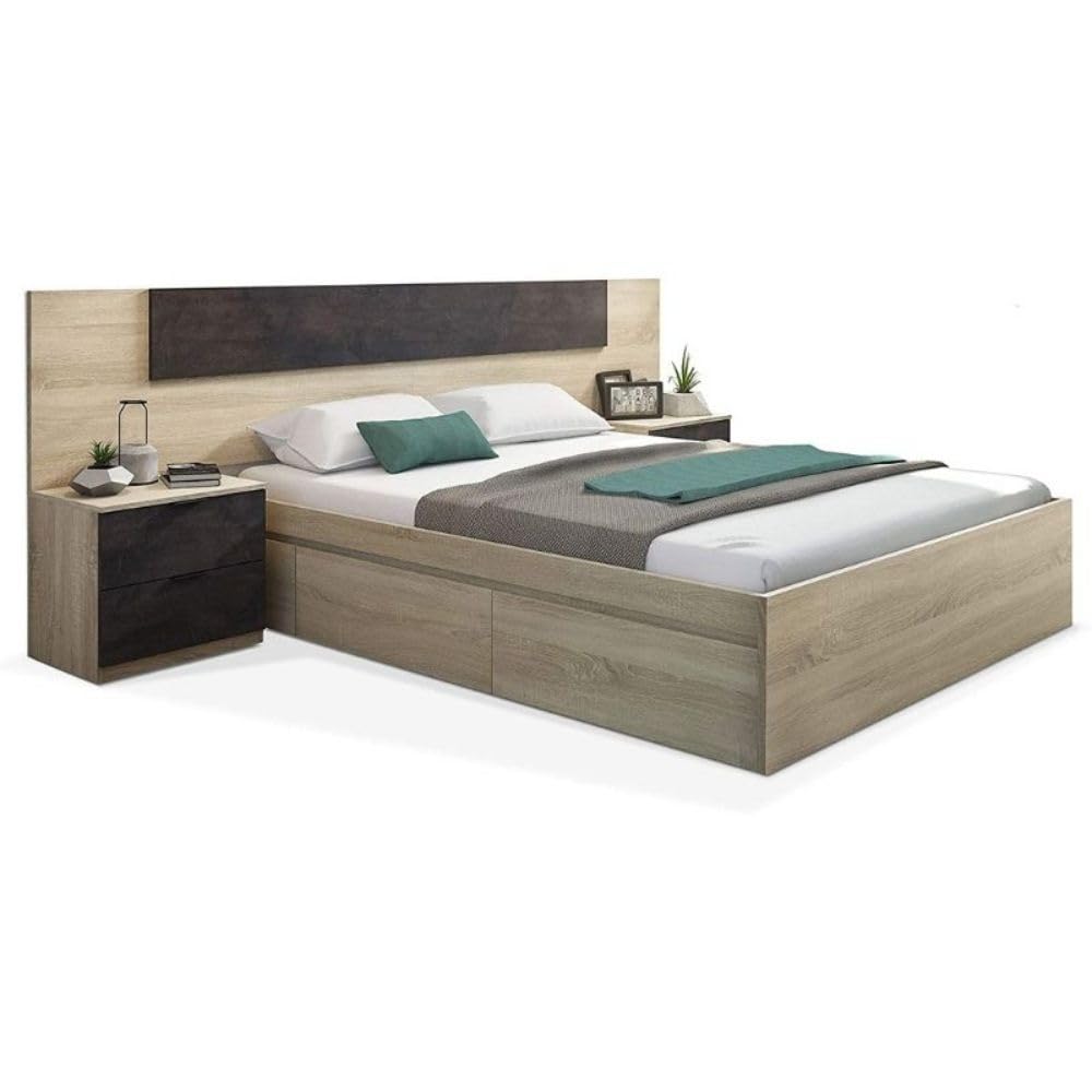Mobelcenter, Conjunto Dormitorio Matrimonio Oxido, Color Roble Canadian y Oxido, Cabezal para Camas de 135 y 150 cm, 2 Mesitas de 3 cajones, Armario 3 Puertas 3 Cajones y Cama con 4 cajones (P0021)