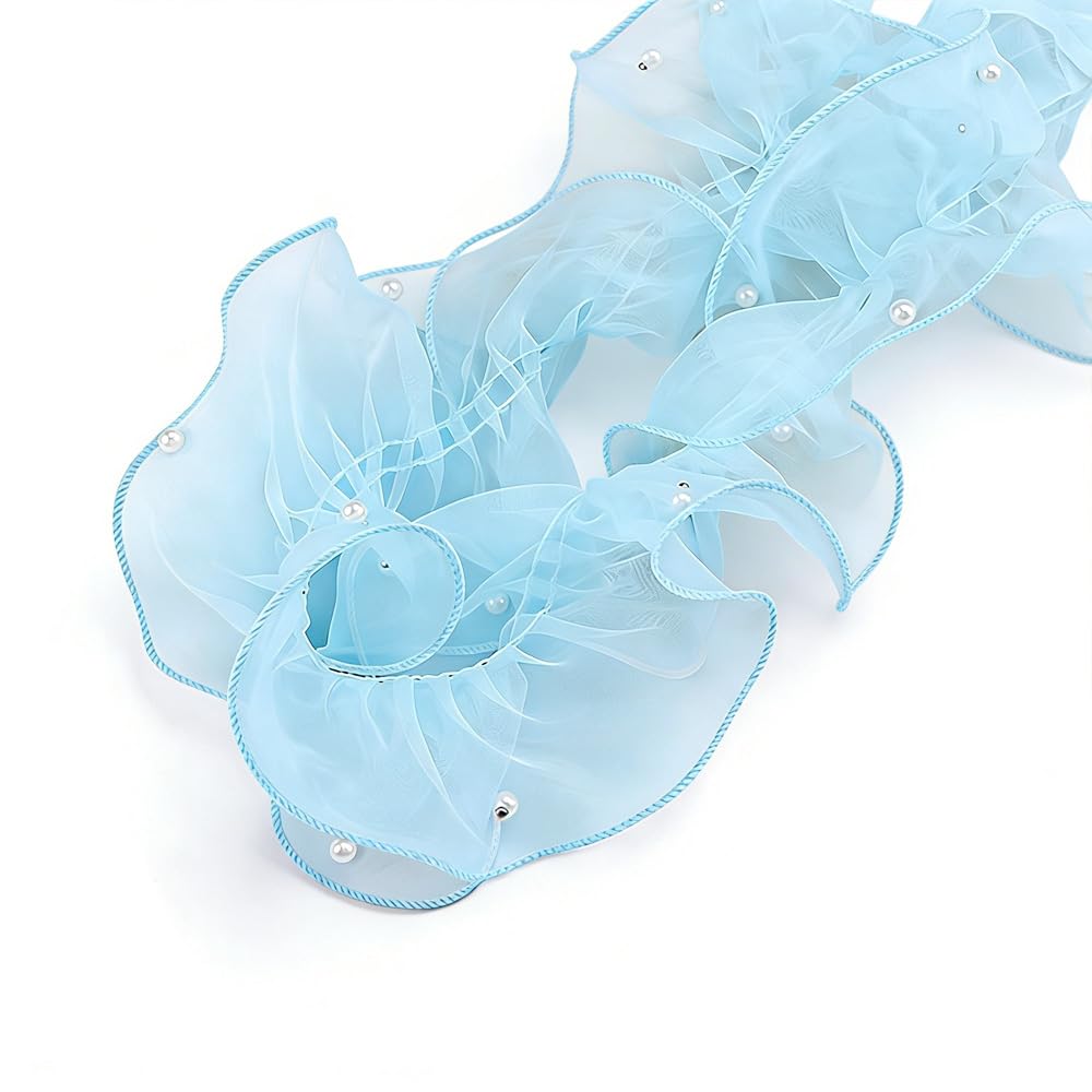 11cmx2m Ruffled Lace Trim with Beads Pleated Organza Ribbon Organza Lace Ribbon for Bouquet Gift Wrapping, Sky Blue