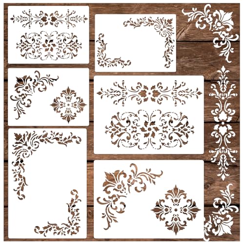 Corner Stencils for Painting, Vintage Damask Border Stencil Template Reusable Corners Damask Furniture Stencils for Wood Canvas Paper Fabric Floor DIY Craft (6pcs Corners)