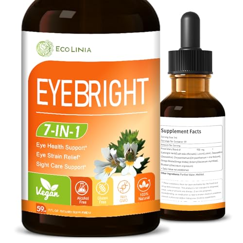 ECOLINIA Eyebright Herb Extract Oral Drops for Eye Health Support, 7-in-1 Herbal Supplement for Eye Strain Relife & Sight Care w/Lutein Zeaxanthin and Bilberry. Fast Absorption Liquid Form. 2 oz