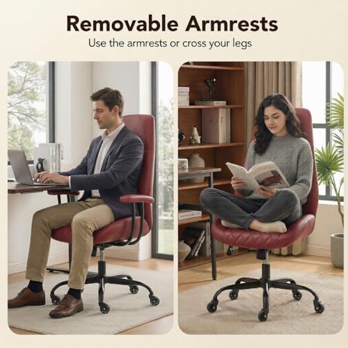 Image of E-Motie Leather Office Chair, Mid Century Modern Desk Chair, Red | Ergonomic, Lumbar Support, 360 Swivel & Rolling Wheels, Adjustable Height, for Adults & Women