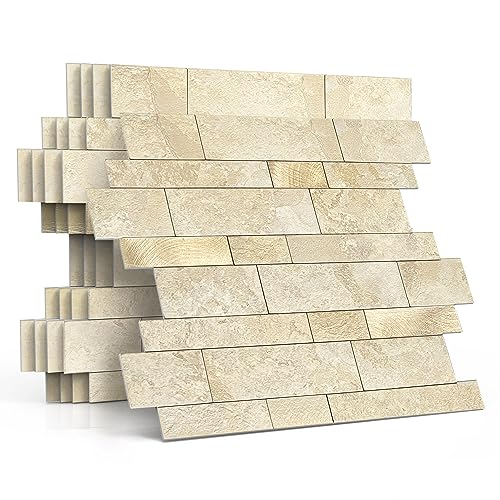 M MOFIT 3d Selbstklebende Wandfliesen Küche,Matte Marmor Mosaikfliesen Selbstklebend Steinoptik Metro Fliesen Ziegel Wandaufkleber Bad Wasserdichte(10 Matten,Beige）