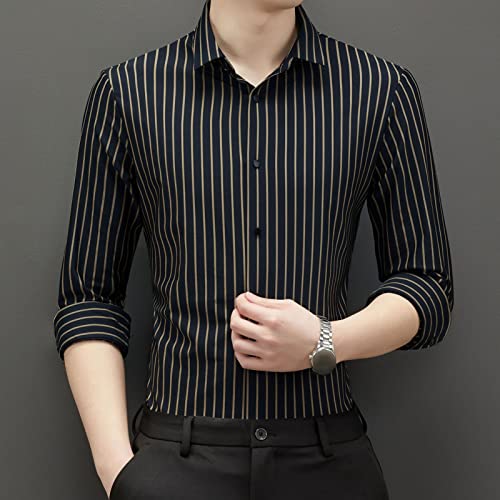 DGHM-JLMY Men's Casual Striped Business Shirt Vertical Striped Button Shirts Loose Iron-Free Long-Sleeved Ice Silk Shirt4