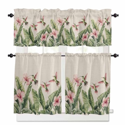 Summer Flowers Kitchen Curtains 36 Inch Length,3 Piece Rod Pocket Small Half Tiers and Valance Set,Retro Country Tropical Palm Leaves Birds Small Large Window Treatment Decor for Bedroom/Bathroom