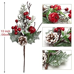 Artificial christmas picks 12 pcs 12 pine branches red berry twig stems pinecones holly snow flocked spray flowers for christmas tree wreath floral arrangement winter holiday season decor  urban country home decor