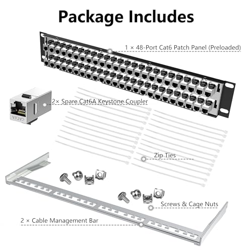 Image of Jadaol [UL Listed] 48-Port Shielded Cat6A Patch Panel, 19 inch 2U Rackmount /Wall Mount Feed-Through RJ45 Panel with 48 Preloaded Shielded Keystone Couplers + 2 Spare, Up to 10Gbps, Cable Management Bar