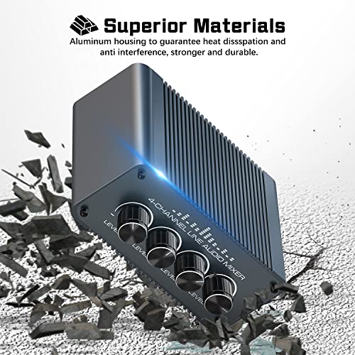 Tendak Mini Passiv Stereo Audio Mixer 4 Kanal Cinch Mini-Stereomischer 4 in 1 out RCA L/R Audiomixer mit Separaten Lautstärkereglern für Mischinstrument, Computer, CD-Player